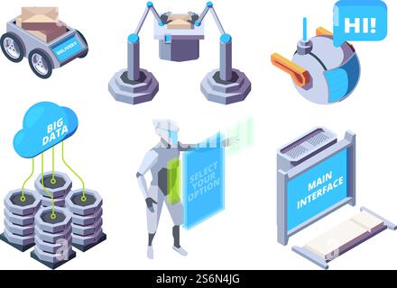 Intelligente Industrie. Roboterprozesse Automobilmaschinenherstellung Vektoranlage isometrischer Satz. Industriefabrik, moderne Fertigungsausrüstung Illustration. Intelligente Industrie. Roboterprozesse Automobilmaschinenherstellung Vektoranlage isometrischer Satz Stock Vektor