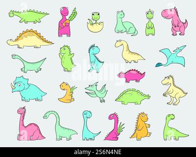 Lustige Dinosaurier. Alte wütende Tiere wilde Dinosaurier Drachen Reptilien Vektor Illustration. Dinosaurier prähistorisches Tier, Raubtier wildes Reptil. Lustige Dinosaurier. Antike wütende Tiere wilde Dinosaurier Drachen Reptilien Vektorillustrationen Stock Vektor