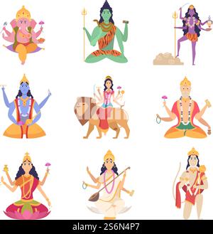 Indische Charaktere Götter. Fantasy Maskottchen der indischen Kultur vishnu ganesha lakshmi Vektor Illustrationen. Indien spirituell, hinduistischer Gott, Göttin Meditation. Indische Charaktere Götter. Fantasy Maskottchen der indischen Kultur vishnu ganesha lakshmi Vektor Illustrationen Stock Vektor