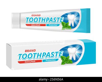 Zahnpasta-Paket. Zahnschutz-Box-Etikettenvektor-Design-Vorlage. Illustration Zahnpasta Tube Design, Produkt Pflege Zahn. Zahnpasta-Paket. Zahnschutz-Box-Etikettenvektor-Design-Vorlage Stock Vektor