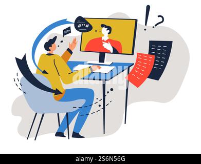 Menschen, die Online-Anwendungen nutzen, um zu sprechen, Geschäftspartner bei Meetings, Internettechnologien für die Arbeit. Charaktere, die den Abschluss von Auftrag und Projekt diskutieren. Fragen und Antworten Vektor in der Wohnung. Online-Geschäftskommunikation mit Partnern, Direktoren oder Kollegen Stock Vektor