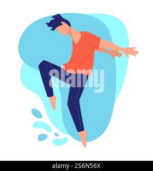 Teenager, der Breakdance oder Hip-Hop-Bewegungen macht. Isolierter Mann, der im Studio tanzt, Meisterklasse des Tänzers. Urbane Kultur oder Kunst, zeitgenössische moderne Motive, Vektor in flacher Illustration. Breakdance oder Hip-Hop-Tänzer, Tanzvorstellung des Mannes Stock Vektor