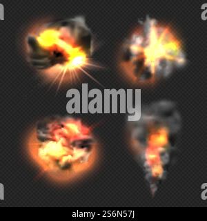 Bombenexplosion. Explodierte Feuer Flamme und Rauch dramatische Effekte Vektor realistische Vorlagen. Illustration Dynamit Feuerboom, Explosionsbewegung. Bombenexplosion. Explodierte Feuer Flamme und Rauch dramatische Effekte Vektor realistische Vorlagen Stock Vektor