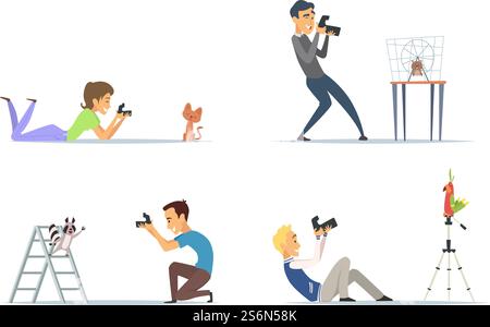 Tierfotografen. Blogger mit Fotokameras und Tiervektorillustration. Fotograf- und Haustieraufnahmen mit der Kamera. Tierfotografen. Blogger mit Fotokameras und Tiervektorillustration Stock Vektor