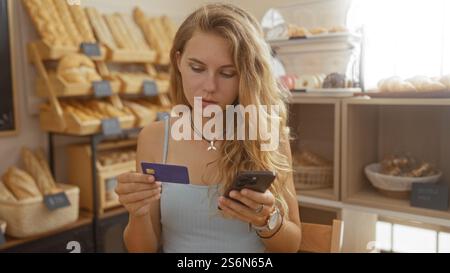 Schöne junge Frau, die in einer Bäckerei einkauft, ihr Smartphone ansieht und eine Kreditkarte hält, umgeben von verschiedenen Brotsorten in einer Stube Stockfoto