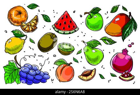 Exotische und tropische reife Früchte, Set Wassermelonenscheibe, Zitrone mit Apfel. Birne und Federn, Mandarinen und Traubenstrauß mit Pfirsich und Aprikose, Granatapfel mit frischem Kiwi. Vektor in abgewickelter Form. Tropische und exotische Früchte, Ernährung und gesunde Ernährung Stock Vektor