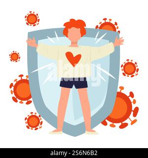 Frau geschützt durch Schild, isolierte Persönlichkeitsfigur mit starkem Immunsystem, das vor Coronavirus schützt. COVID19 Erholung oder Behandlung, Gesundheit und Verteidigung oder Organismus, Vektor in flacher Form. Starke Immunität und Genesung von covid19, Coronavirus-Krankheit Stock Vektor