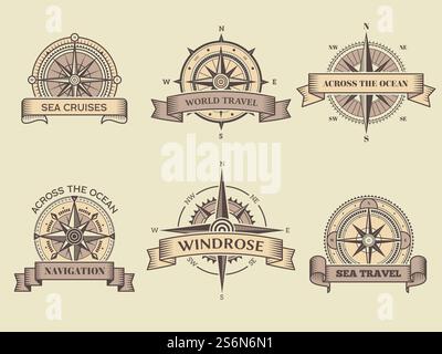 Nautische Etiketten. Wind Rose Meer Kompass Vektor Abzeichen Marine Reise Abenteuer Sammlung Design Vorlagen. Windrosen-Logo, Explorationsnautik, Kompass-Segelillustration. Nautische Etiketten. Wind Rose Meer Kompass Vektor Abzeichen Marine Reise Abenteuer Sammlung Design Vorlagen Stock Vektor