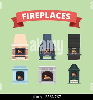 Kamin. Retro Gasofen Flamme Dekoration im Innenvektor flache Bilder Kamine. Herd mit Feuer, innen klassische Feuerplatte Sammlung Illustration. Kamin. Retro Gasofen Flamme Dekoration im Innenvektor flache Bilder Kamine Stock Vektor