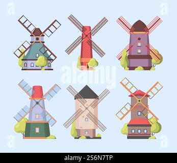 Windmühle. Holland niederländisch authentische Konstruktionen Windmühlen Vektorkollektion Set. Bauernhof-Bau mit Propeller, niederländische Dorfgristmühle Illustration. Windmühle. Holland niederländisch authentische Konstruktionen Windmühlen Vektorkollektion Set Stock Vektor