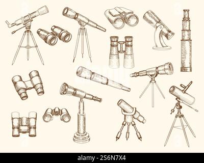 Teleskop handgezeichnet. Retro-Gadgets für Entdecker Militär-Optik-Ferngläser Vektor-Doodle-Bilder. Teleskop für Schulbildung, Schaubild der Spyglass-Ausrüstung. Teleskop handgezeichnet. Retro-Gadgets für Entdecker Militär-Optik-Ferngläser Vektor-Doodle-Bilder Stock Vektor
