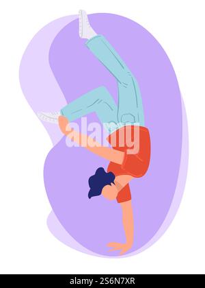 Männliche Figur, die Bewegungen von Hip Hop oder Breakdance aufführt. Breakdancer übt Bewegungen, zeigt Meisterklasse. Tanzstudio oder Club, zeitgenössische Kunstvektoren in flachem Stil. Hip-Hop- oder Breakdance-Künstler, Tanzstudio-Vektor Stock Vektor