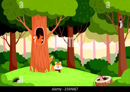 Waldlandschaft. Bäume mit Löchern für wilde Tiere Haus im Holzstamm für Vögel Eichhörnchen Fuchs Vektor Zeichentrickhintergrund. Landschaft Wald mit Tier, Outdoor wilde Landschaft Illustration. Waldlandschaft. Bäume mit Löchern für wilde Tiere Haus im Holzstamm für Vögel Eichhörnchen Fuchs Vektor Zeichentrickhintergrund Stock Vektor