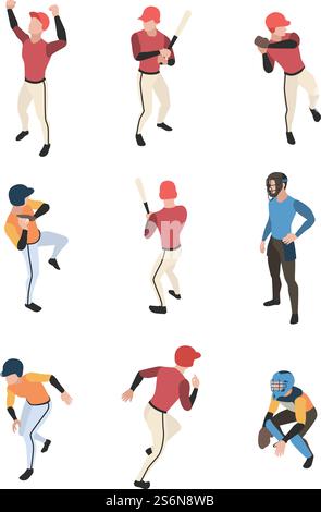 Baseball isometrisch. Sportspiel Team Menschen in Aktion posiert laufende stehende Baseball Pitcher Vektor Illustration. Baseballsport, Spielspieler. Baseball isometrisch. Sportspiel Team Menschen in Aktion posiert laufende stehende Baseball Pitcher Vektor Illustration Stock Vektor