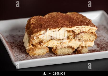 Tiramisu-Anteil auf einer weißen Platte Stockfoto