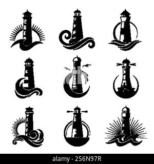Leuchtturmlogo. Business-Stil Meeressymbole Meereswellen Meeressymbole mit Silhouetten des Leuchtturms. Logo SEA Business, Architektur Silhouette Illustration. Leuchtturmlogo. Business-Stil Meeressymbole Meereswellen Meeressymbole mit Silhouetten des Leuchtturms Stock Vektor