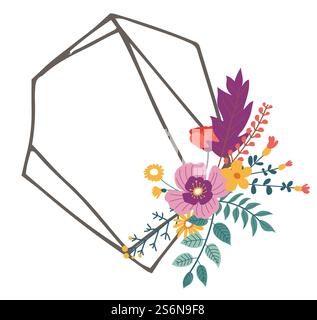 Blumenrahmen mit Kopierraum, isoliertes leeres Banner mit blühenden Blumen und Laub. Hebt Cover für soziale Medien hervor. Postkarte oder Aufkleber, feminines Design von Ornament Vektor in flachem Stil. Minimalistischer Rahmen mit Blumen und Laub, Akzentuierung Stock Vektor