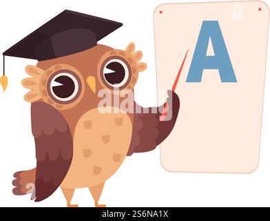 Briefe lernen. Eulen-Poster mit Buchstabe A, isolierter Nachtvogel-Charakter. Vektorillustration für Schulung und Ausbildung. Lehrerausbildung in der Schule, Eulenvogelunterricht. Briefe lernen. Eulen-Poster mit Buchstabe A, isolierter Nachtvogel-Charakter. Vektorillustration für Schulung und Ausbildung Stock Vektor