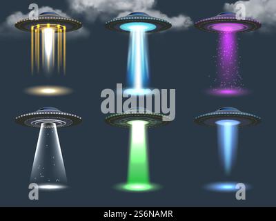 UFO-Spotlight. Kosmischer Transport Umgebungslicht außerirdische Beleuchtung realistischer leuchtender Effekt aus Raumschiff-Vektor-Illustrationen Set. UFO Licht Alien Strahl nicht identifiziertes Spotlight. UFO-Spotlight. Kosmischer Transport Umgebungslicht außerirdische Beleuchtung realistischer leuchtender Effekt aus Raumschiff-Vektor-Illustrationen Set Stock Vektor