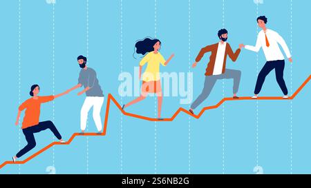 Teamwork. Führungskonzept, Geschäftsteam klettert auf Wirtschaftsdiagramm. Vektordarstellung erfolgreicher Arbeit. Geschäftsmann auf Grafik, Teamwork der Führungskraft. Teamwork. Führungskonzept, Geschäftsteam klettert auf Wirtschaftsdiagramm. Vektordarstellung erfolgreicher Arbeit Stock Vektor