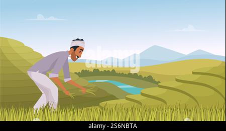 Indische Landwirtschaftslandschaft. Farmer, der in indischen Reisfeldern arbeitet, ländliche Arbeiter-Vektor-Karikaturhintergrund. Illustration indische Landwirtschaft, Plantagenlandschaft. Indische Landwirtschaftslandschaft. Farmer, der in indischen Reisfeldern arbeitet, ländliche Arbeiter-Vektor-Karikaturhintergrund Stock Vektor
