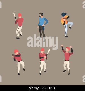 Baseballspieler. Sport Leute laufen Basen Pitcher Baseball Vektor Charaktere isometrisch in Aktion Posen. Illustrationsspieler Baseball, Pitcher und Catcher. Baseballspieler. Sport Leute laufen Basen Pitcher Baseball Vektor Charaktere isometrisch in Aktion Posen Stock Vektor
