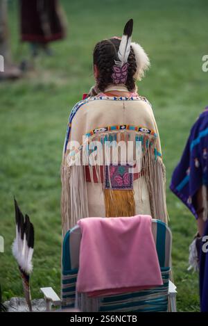 Das Kleid der Ureinwohner bei der jährlichen Tamkaliks Celebration in Wallowa, Oregon. Stockfoto