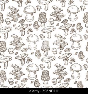 Boletus edulis nahtloses Muster von Pilzen verschiedener Art. Biologische Zutat zum Kochen und Zubereiten von Speisen. Pilze essbar, Gemüse für Veganer. Einfarbige Skizzenkontur, Vektor flach. Stachelpilz, Boletus edulis Pilze monochrome nahtlose Muster Stock Vektor