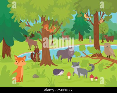 Tiere im Waldhintergrund. Wilde süße glückliche Tiere, die in Waldlichtung mit großen Bäumen Vektor-Illustration leben und spielen. Tierwald, Bär, Fuchs und Hirsch, Waldlandschaft. Tiere im Waldhintergrund. Wilde süße glückliche Tiere leben und spielen in Waldlichtung mit großen Bäumen Vektor-Illustrationen Stock Vektor