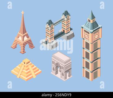 Orientierungspunkte isometrisch. Weltberühmte Gebäude Wandersymbole Brücken Pyramidentürme Vektor. Pyramide und Brücke in europa, Monument isometrisch für Tourismusillustration. Orientierungspunkte isometrisch. Weltberühmte Gebäude Wandersymbole Brücken Pyramidentürme Vektor Stock Vektor