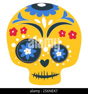 Totenkopf mit Linien und Blumenschmuck für die Feierlichkeiten zum Tag der Toten. Mexikanischer Feiertag, Dia de los muertos. Calavera isolierte Ikone, Karneval Make-up traditionelle Malerei. Vektor in abgewickelter Form. Dia de los muertos, bemalter Schädel mit Ornamenten Stock Vektor