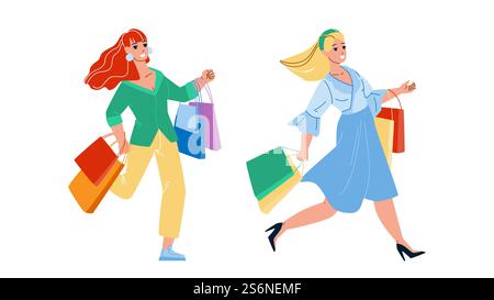Frauen, Die Auf Sale Laufen, Einkaufen Zusammen Vektor. Happy Girls Shopper Mit Tasche Run Im Saisonalen Angebot Einkaufen Und Einkaufen. Charaktere Damen Kunden Konsumentum Flache Zeichentrickzeichnung Illustration. Frauen, Die Auf Sale Laufen, Einkaufen Zusammen Vektor Stock Vektor
