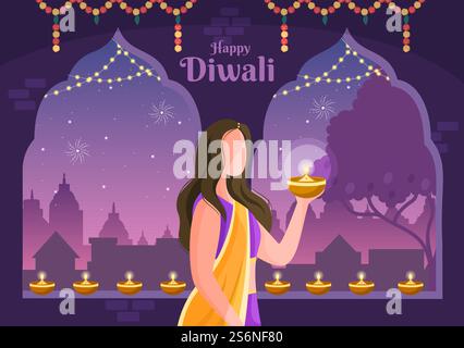 Indianer feiern den Diwali Day mit Laternen, Feuerwerk und Mandala oder Rangoli Kunst mit dem Hintergrund Vektor Illustration Festival of Lights Stock Vektor