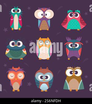 Süße Eulen. Wild Birds Kinder farbige Vektor-Illustrationen lustige Cartoon Eulen in Sonnenbrille. Eulenvogel, Zeichentrickfilm wilde entzückende Sammlung Illustration. Süße Eulen. Wild Birds Kinder farbige Vektor-Illustrationen lustige Cartoon Eulen in Sonnenbrille Stock Vektor