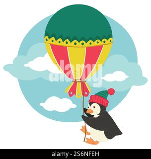 Vogelfigur, die einen großen Vintage-Ballon auf dem Faden hält. Pinguin mit Dekoration für Weihnachten, weihnachten und Winterferien. Entzückende Persönlichkeit in gestrickter warmer Mütze, Vektor in flachem Stil. Pinguin trägt einen Hut, der einen großen Ballon hält Stock Vektor