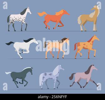 Pferde. Züchtet einheimische starke Renntiere, die laufen und springen Pferde Vektor-Zeichentrickfiguren. Pferd Tier Haus, stark und Rasse Hengst Illustration. Pferde. Züchtet einheimische starke Renntiere, die laufen und springen Pferde Vektor-Zeichentrickfiguren Stock Vektor