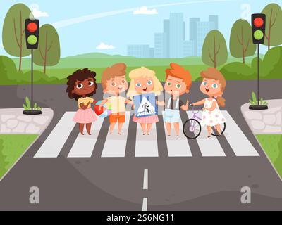 Kreuzungsregeln. Kinder lernen Sicherheit Verkehrsampeln auf Straße und Schilder Vektor Hintergrund. Sicherheit Kind Junge und Mädchen, Cartoon Kreuzung Straße Illustration. Kreuzungsregeln. Kinder lernen Sicherheit Verkehrsampeln auf Straße und Schilder Vektor Hintergrund Stock Vektor