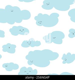 Wolkenfigur mit Gesicht, bewölkter Himmel mit Persönlichkeit. Kindlicher Hintergrund oder Ausdruck für Kinderzimmer, bewölkt oder Prognose. Emotionales Smiley oder Sticker, Emoticon. Nahtloses Muster, Vektor in flacher Form. Fliegender Wolkencharakter mit nahtlosem Gesichtsmuster Stock Vektor