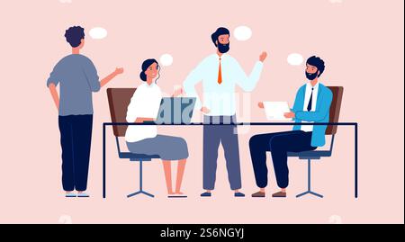 Geschäftstreffen. Teamwork, Manager sprechen über Ideen. Büroangestellte am Arbeitsplatz, Männer Frauen diskutieren Projekte Vektor-Illustration. Bürotreffen und Teamarbeit, Geschäftsmann. Geschäftstreffen. Teamwork, Manager sprechen über Ideen. Büroangestellte am Arbeitsplatz, Männer Frauen diskutieren Projekte Vektor-Illustration Stock Vektor