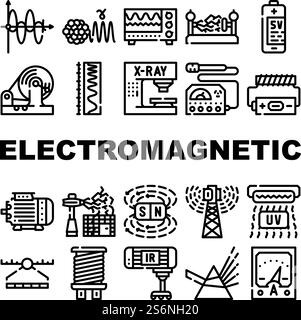 Elektromagnetische Wissenschaft Physik Symbole Set Vector. Elektromagnetische und ultraviolette Wellen, elektronische Röntgengeräte und Spektrumbereich, Prismenlicht und SV-Batteriekontur. Elektromagnetische Wissenschaft Physik Symbole Set Vector Stock Vektor
