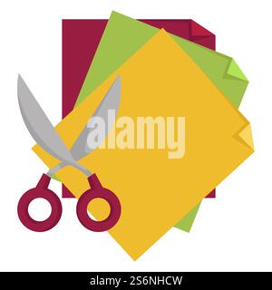 Haftnotizen für Notizen und Scheren, ein isoliertes Symbol für Schulbedarf. Erinnerung oder Organizer, Büropapier, Planer für Schreiben. Zubehör für Schreibtisch, Aufkleber Vektor in flacher Ausführung. Schulbedarf, Schere und Haftnotizen Notizblock Vektor Stock Vektor