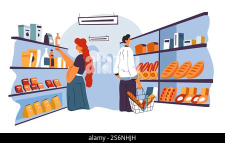 Männlicher und weiblicher Charakter im Supermarkt, der Produkte wählt und kauft. Mann und Frau in der Lebensmittelabteilung. Ein Kerl, der sich frisch gebackenes Brot ansieht, eine Frau mit Waschmittelflaschen. Vektor in abgewickelter Form. Leute, die im Supermarkt einkaufen und Produkte auswählen Stock Vektor