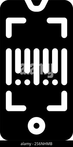 Symbolvektor der Anwendung des Barcode-Scanners. Anwendungsschild für Barcode-Scanner. Schwarze Abbildung des isolierten Kontursymbols. Abbildung des Symbols der Anwendung des Barcode-Scanners mit Glyphe Stock Vektor