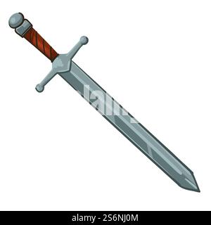 Mittelalterliche Waffe für Kämpfe und Kreuzzüge, isoliertes Ritterschwert mit scharfer Klinge und schwerem Griff. Kriegsrüstung, historische Artefakte und Antiquitäten. Vektor in abgewickelter Form. Schwert der Antike, mittelalterlicher Waffenvektor Stock Vektor