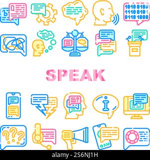 Symbole Für Unterhaltung Und Diskussion Sprechen Legen Vektor Fest. Online-Support-Beratung Und -Chats, Rede Von Tribune Und Sms-Nachricht, Mensch Sprechen Und Mit Advisor Sprechen. Farbige Abbildungen. Symbole Für Unterhaltung Und Diskussion Sprechen Legen Vektor Fest Stock Vektor