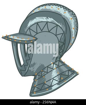 Mittelalter Rüstung und Schutz in Schlachten, isolierter Helm des Ritters. Metallmaterial schützt Helden. Vintage oder antikes, altes Königreich. Turnier- oder Kreuzfahrerkämpfe. Vektor in abgewickelter Form. Militärhelm des Ritters, Kriegerpanzer Vektor Stock Vektor