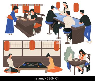 Japanisches Restaurant, das Sushi und Fisch für Gäste serviert. Menschen, die asiatische Küche essen, Charaktere bei Treffen oder Treffen. Tee-Zeremonie zu Hause, Mann und Frau. Mädchen im Café, Vektor im flachen Stil. Leute essen im chinesischen Restaurant, essen und trinken Stock Vektor