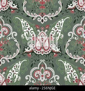 Laub und Blüte, blühende Blumen und Blüte im Frühling oder Sommer. Hintergrund mit Ornamenten und Floristik-Komposition. Abstrakter Druck oder Hintergrund . Nahtloses Muster, Vektor in flacher Form. Blumenschmuck mit Blüten- und Blattmuster Stock Vektor