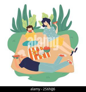 Vater und Mutter mit Kind auf Picknick im Park essen Wassermelone. Sommersaison Aktivitäten und Erholung. Mann und Frau genießen Gesellschaft, Urlaub und Erholung. Vektor in abgewickelter Form. Familienpicknick am Wochenende, Sommeraktivitäten Stock Vektor