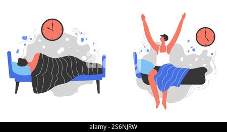Spät und früh aufwachen, isolierte Angewohnheiten des Menschen. Persönlichkeit liegt im Bett, Charakter dehnt sich morgens auf dem Bett aus. Aktiver Lebensstil des Menschen, tägliche Routine, Vektor im flachen Stil. Gute und schlechte Angewohnheiten, die früh und spät aufwachen Stock Vektor